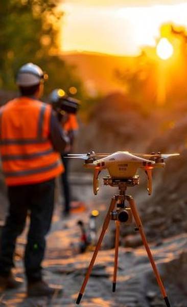 Equipe em campo operando drone durante levantamento topográfico